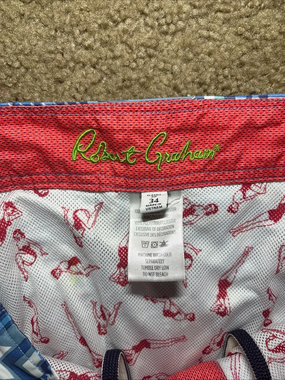 Robert Graham Mens Blue Swim Trunks Board Shorts Geometric Pinup Lining Sz 34